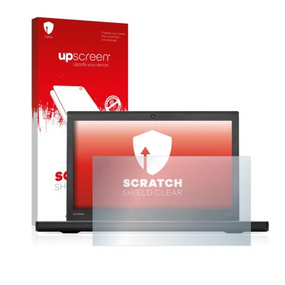 Parte frontal de un envase de producto con el logotipo de la marca upscreen. Al lado se muestra el dispositivo Lenovo ThinkPad