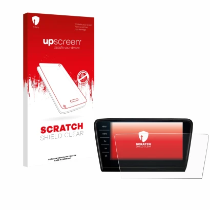 Parte frontal de un envase de producto con el logotipo de la marca upscreen. Al lado se muestra el dispositivo Skoda Octavia 2