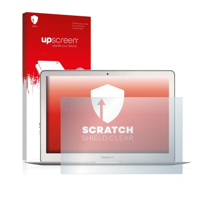 Parte frontal de un envase de producto con el logotipo de la marca upscreen. Al lado se muestra el dispositivo Apple MacBook A