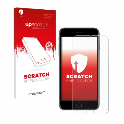 Parte frontal de un envase de producto con el logotipo de la marca upscreen. Al lado se muestra el dispositivo Apple iPhone 8