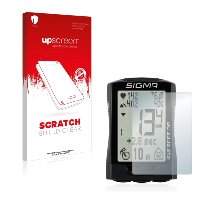 Parte frontal de un envase de producto con el logotipo de la marca upscreen. Al lado se muestra el dispositivo Sigma BC 23.16