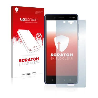 Parte frontal de un envase de producto con el logotipo de la marca upscreen. Al lado se muestra el dispositivo Nokia 8 con su