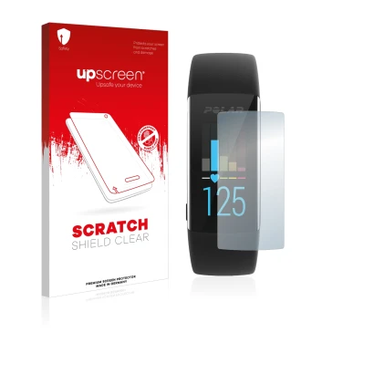 Parte frontal de un envase de producto con el logotipo de la marca upscreen. Al lado se muestra el dispositivo Polar A370 con