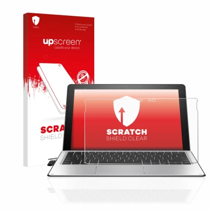 Parte frontal de un envase de producto con el logotipo de la marca upscreen. Al lado se muestra el dispositivo HP Elite x2 101