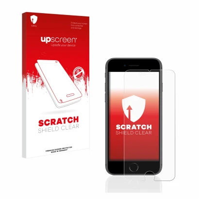 Parte frontal de un envase de producto con el logotipo de la marca upscreen. Al lado se muestra el dispositivo Apple iPhone 8 