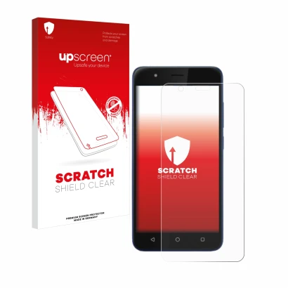 Parte frontal de un envase de producto con el logotipo de la marca upscreen. Al lado se muestra el dispositivo Gigaset GS270 c