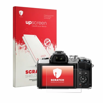 Parte frontal de un envase de producto con el logotipo de la marca upscreen. Al lado se muestra el dispositivo Olympus OM-D E-