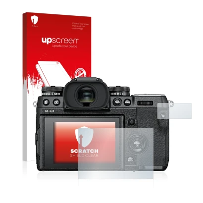 Parte frontal de un envase de producto con el logotipo de la marca upscreen. Al lado se muestra el dispositivo Fujifilm X-H1 c