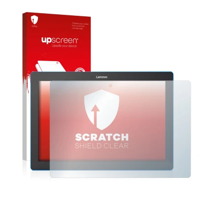 Parte frontal de un envase de producto con el logotipo de la marca upscreen. Al lado se muestra el dispositivo Lenovo Tab 10 T