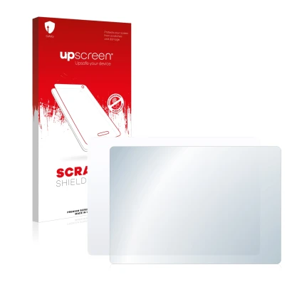 Parte frontal de un envase de producto con el logotipo de la marca upscreen. Al lado se muestra el dispositivo Apple Magic 2 (