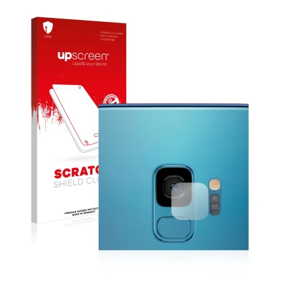 Parte frontal de un envase de producto con el logotipo de la marca upscreen. Al lado se muestra el dispositivo Samsung Galaxy 