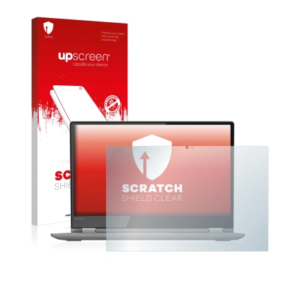 Parte frontal de un envase de producto con el logotipo de la marca upscreen. Al lado se muestra el dispositivo Lenovo Yoga 530