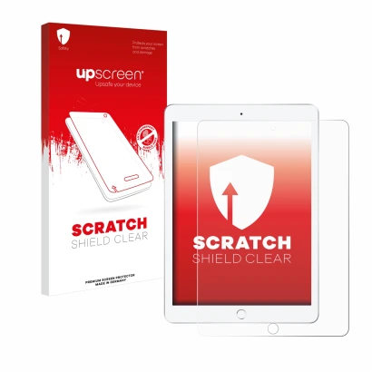 Parte frontal de un envase de producto con el logotipo de la marca upscreen. Al lado se muestra el dispositivo Apple iPad 9.7"