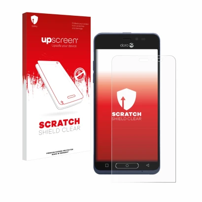 Parte frontal de un envase de producto con el logotipo de la marca upscreen. Al lado se muestra el dispositivo Doro 8035 con s