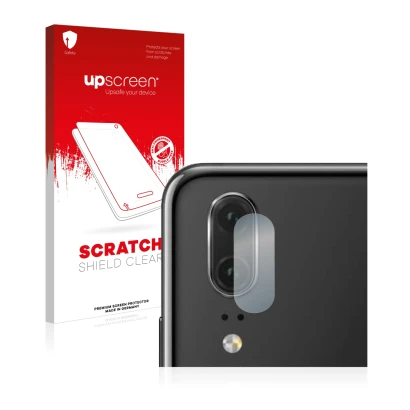 Parte frontal de un envase de producto con el logotipo de la marca upscreen. Al lado se muestra el dispositivo Huawei P20 (SÓL