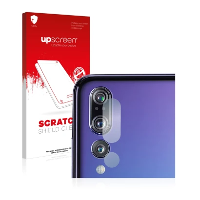 Parte frontal de un envase de producto con el logotipo de la marca upscreen. Al lado se muestra el dispositivo Huawei P20 Pro 