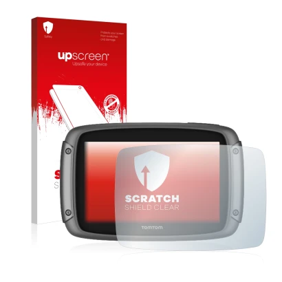Parte frontal de un envase de producto con el logotipo de la marca upscreen. Al lado se muestra el dispositivo TomTom Rider 50