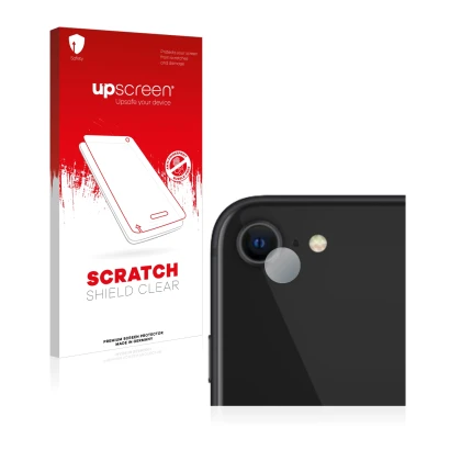 Parte frontal de un envase de producto con el logotipo de la marca upscreen. Al lado se muestra el dispositivo Apple iPhone SE
