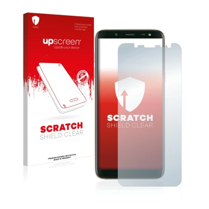 Parte frontal de un envase de producto con el logotipo de la marca upscreen. Al lado se muestra el dispositivo Samsung Galaxy