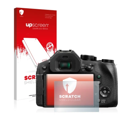 Parte frontal de un envase de producto con el logotipo de la marca upscreen. Al lado se muestra el dispositivo Panasonic Lumix