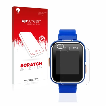 Parte frontal de un envase de producto con el logotipo de la marca upscreen. Al lado se muestra el dispositivo Vtech Kidizoom