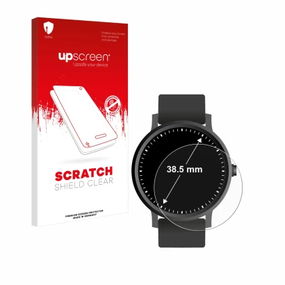 Parte frontal de un envase de producto con el logotipo de la marca upscreen. Al lado se muestra el dispositivo Relojes (Circul