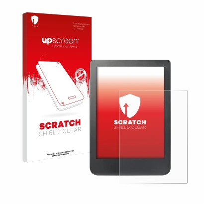 Parte frontal de un envase de producto con el logotipo de la marca upscreen. Al lado se muestra el dispositivo Kobo Clara HD (
