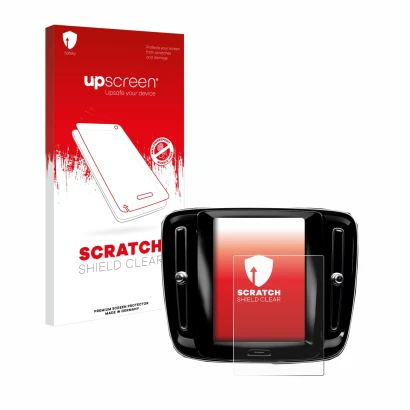 Parte frontal de un envase de producto con el logotipo de la marca upscreen. Al lado se muestra el dispositivo Volvo XC40 Sens