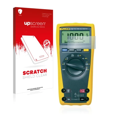 Parte frontal de un envase de producto con el logotipo de la marca upscreen. Al lado se muestra el dispositivo Fluke MultiMete