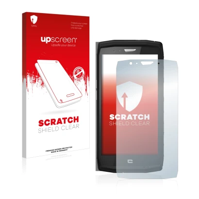 Parte frontal de un envase de producto con el logotipo de la marca upscreen. Al lado se muestra el dispositivo Crosscall Trekk