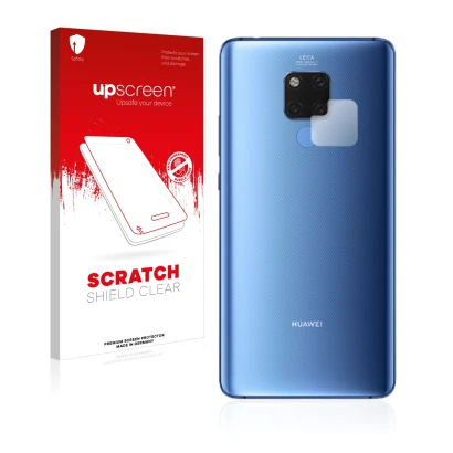 Parte frontal de un envase de producto con el logotipo de la marca upscreen. Al lado se muestra el dispositivo Huawei Mate 20 