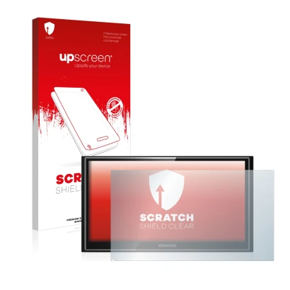 Parte frontal de un envase de producto con el logotipo de la marca upscreen. Al lado se muestra el dispositivo Kenwood DMX7018