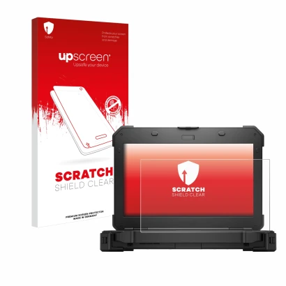 Parte frontal de un envase de producto con el logotipo de la marca upscreen. Al lado se muestra el dispositivo Dell Latitude 5