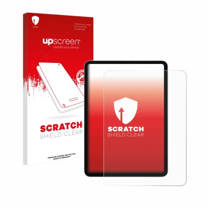 Parte frontal de un envase de producto con el logotipo de la marca upscreen. Al lado se muestra el dispositivo Apple iPad Pro 