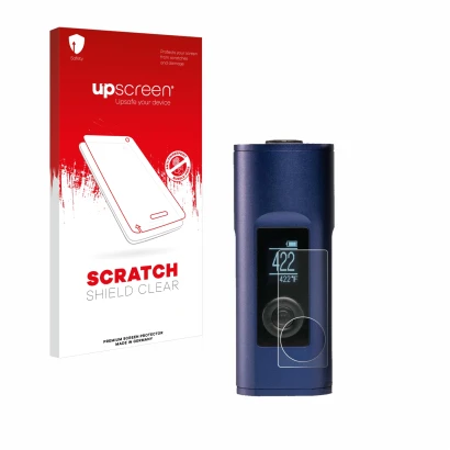 Parte frontal de un envase de producto con el logotipo de la marca upscreen. Al lado se muestra el dispositivo Arizer Solo 2 c