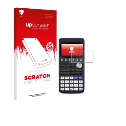 Parte frontal de un envase de producto con el logotipo de la marca upscreen. Al lado se muestra el dispositivo Casio FX-CG50 c
