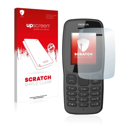 Parte frontal de un envase de producto con el logotipo de la marca upscreen. Al lado se muestra el dispositivo Nokia 106 2018