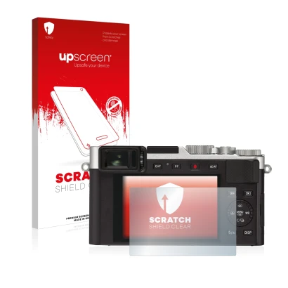 Parte frontal de un envase de producto con el logotipo de la marca upscreen. Al lado se muestra el dispositivo Leica D-Lux 7 c