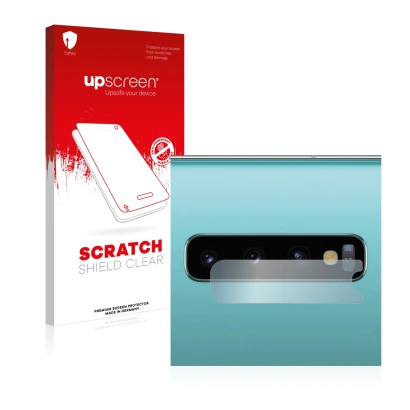 Parte frontal de un envase de producto con el logotipo de la marca upscreen. Al lado se muestra el dispositivo Samsung Galaxy