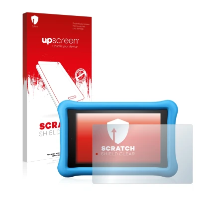 Parte frontal de un envase de producto con el logotipo de la marca upscreen. Al lado se muestra el dispositivo Amazon Fire HD