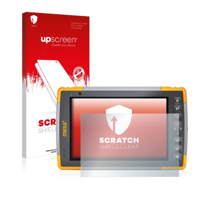 Parte frontal de un envase de producto con el logotipo de la marca upscreen. Al lado se muestra el dispositivo Juniper Systems