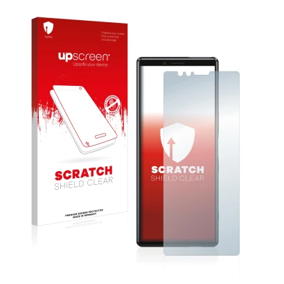 Parte frontal de un envase de producto con el logotipo de la marca upscreen. Al lado se muestra el dispositivo Sony Xperia 1 c