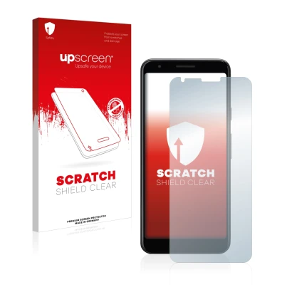 Parte frontal de un envase de producto con el logotipo de la marca upscreen. Al lado se muestra el dispositivo Google Pixel 3a