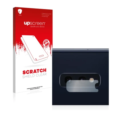 Parte frontal de un envase de producto con el logotipo de la marca upscreen. Al lado se muestra el dispositivo Samsung Galaxy