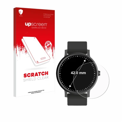 Parte frontal de un envase de producto con el logotipo de la marca upscreen. Al lado se muestra el dispositivo Circular Displa