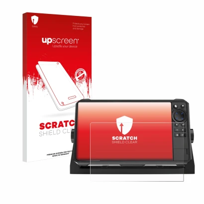 Parte frontal de un envase de producto con el logotipo de la marca upscreen. Al lado se muestra el dispositivo Lowrance HDS 9 