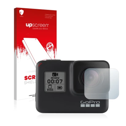 Parte frontal de un envase de producto con el logotipo de la marca upscreen. Al lado se muestra el dispositivo GoPro Hero 7 Bl