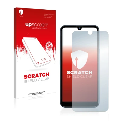 Parte frontal de un envase de producto con el logotipo de la marca upscreen. Al lado se muestra el dispositivo LG Q60 con su p