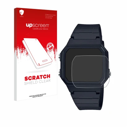 Parte frontal de un envase de producto con el logotipo de la marca upscreen. Al lado se muestra el dispositivo Casio Unisex F-