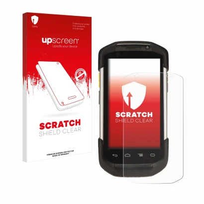 Parte frontal de un envase de producto con el logotipo de la marca upscreen. Al lado se muestra el dispositivo Zebra TC77 con 
